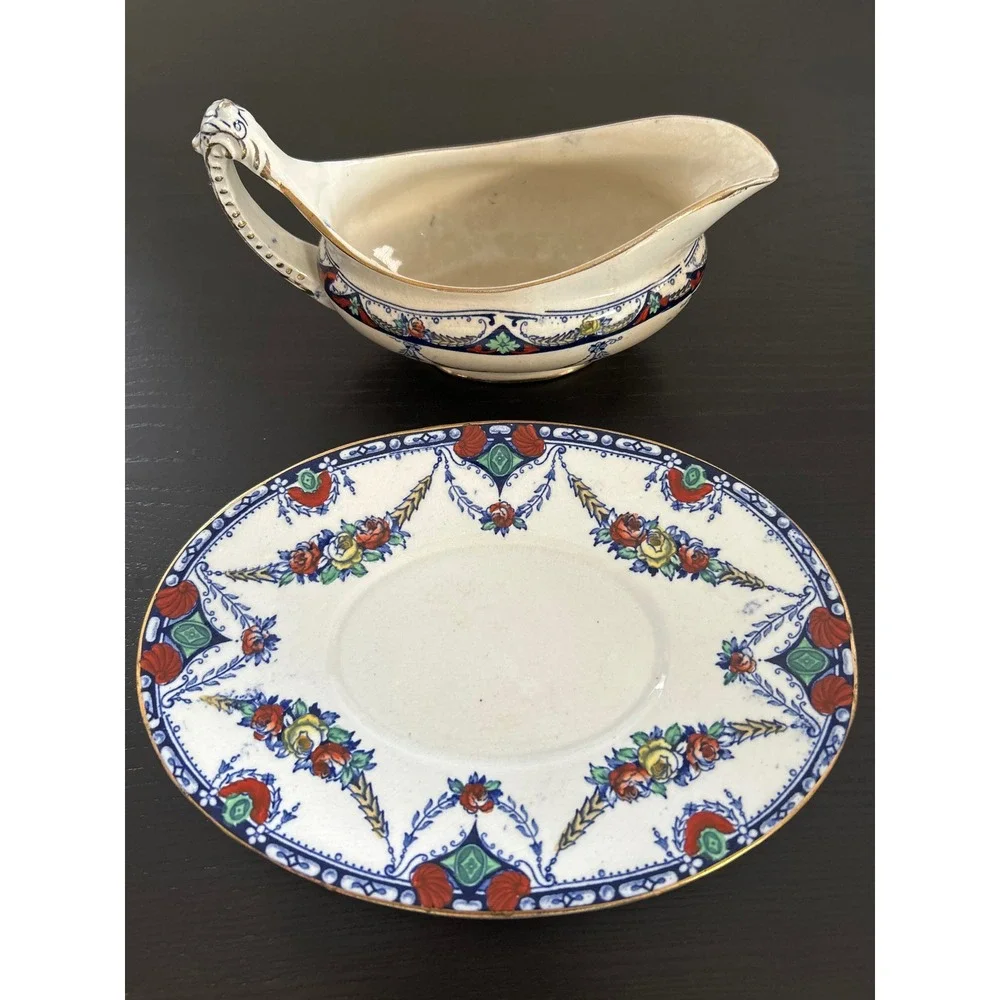Barker Bros Merton Gravy Boat with Underplate Blue Floral Gold Trim England
